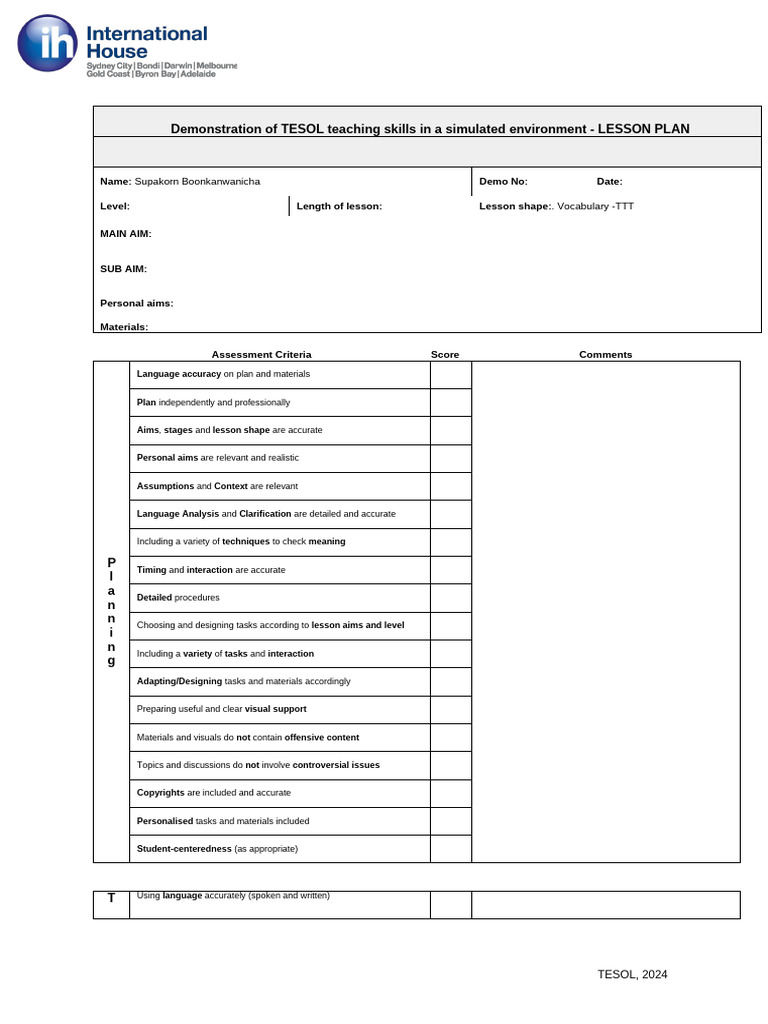 Lesson Plan (Template) | PDF | English As A Second Or Foreign Language ...