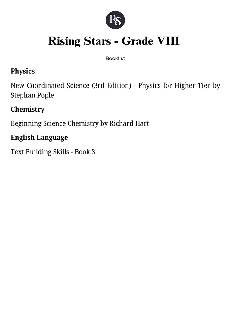 Rising Stars Grade VIII Booklist | PDF | Science & Mathematics