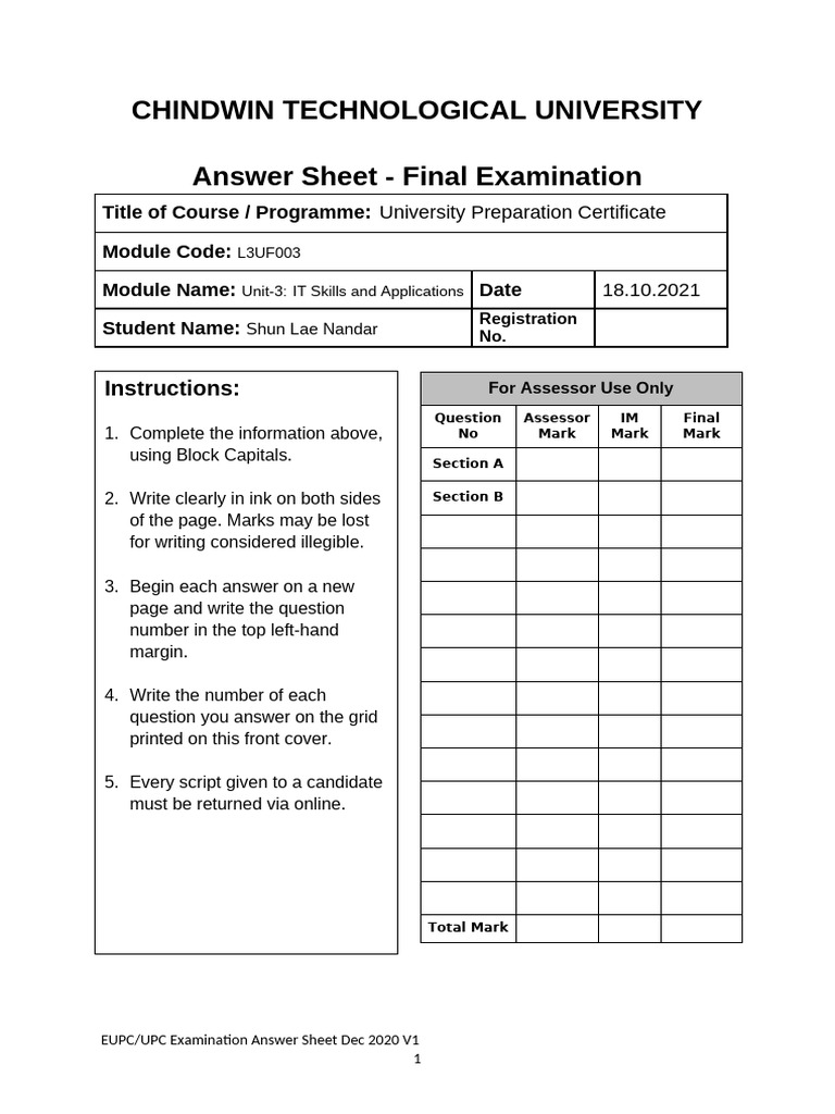 Shun Lae Nandar's IT Skills and Application - Exam - Answer Sheet (18 ...