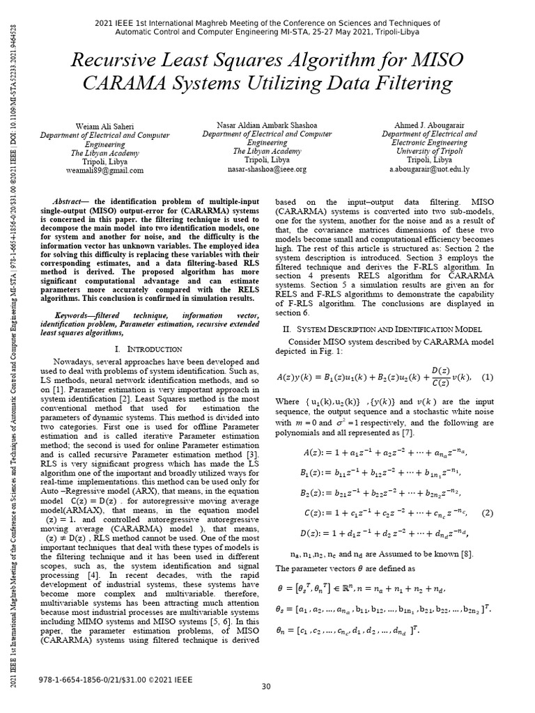 F-RLS Algorithm for MISO CARARMA Systems | PDF | Equations ...