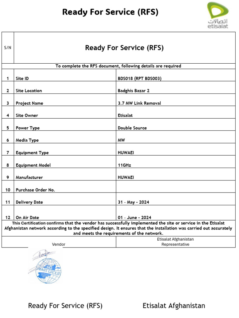 Etisalat Afghanistan RFS Details | PDF