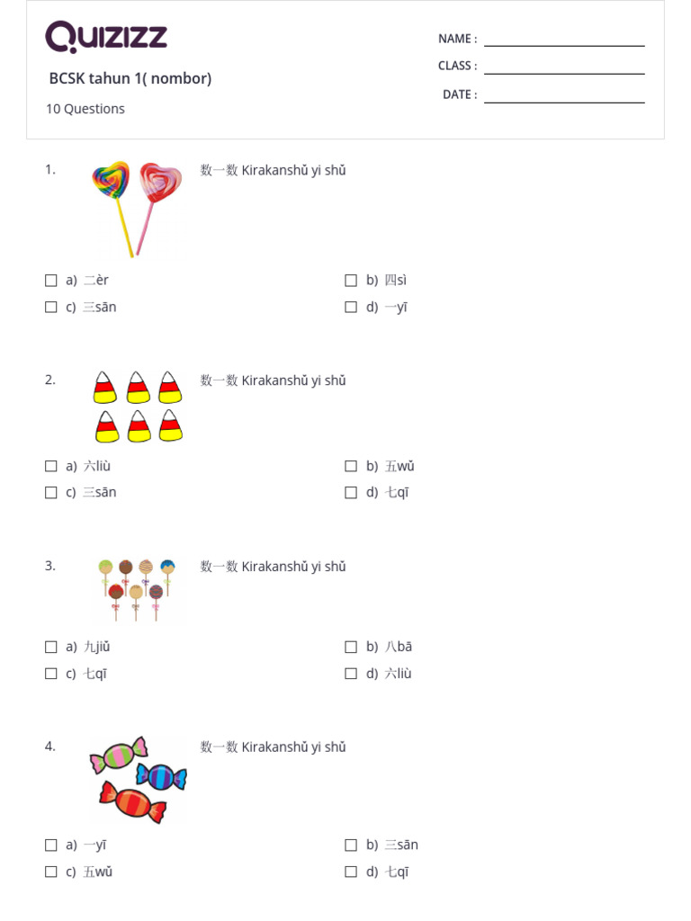 BCSK Tahun 1 (Nombor) - Print - Quizizz | PDF