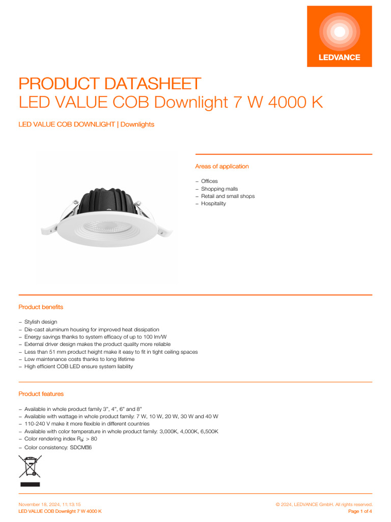 LED COB Downlight 7W 4000K Datasheet | PDF | Light Emitting Diode ...