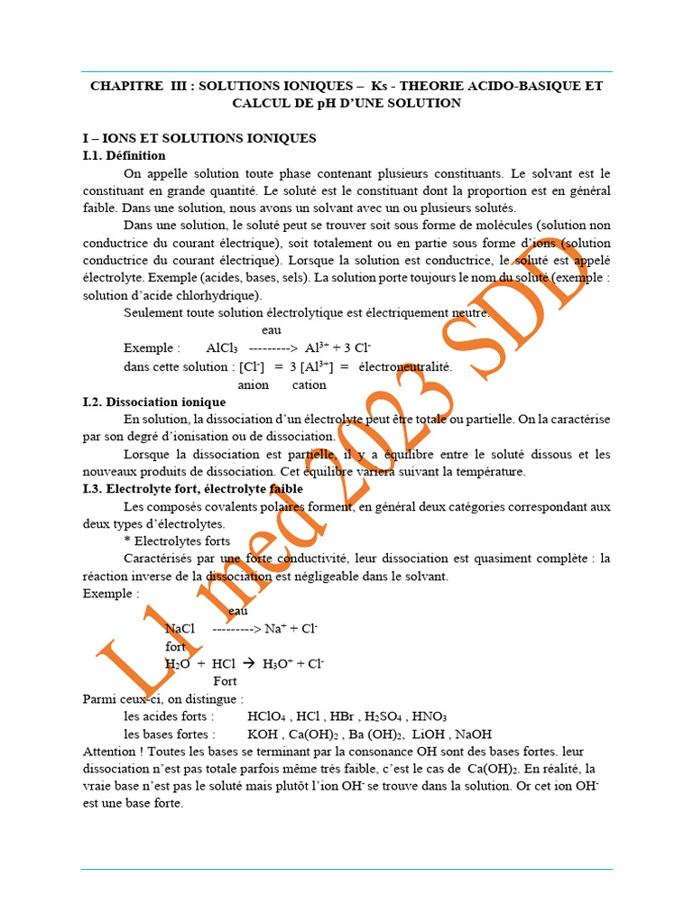 Théorie acido-basique et pH des solutions | PDF | Dissociation (chimie ...