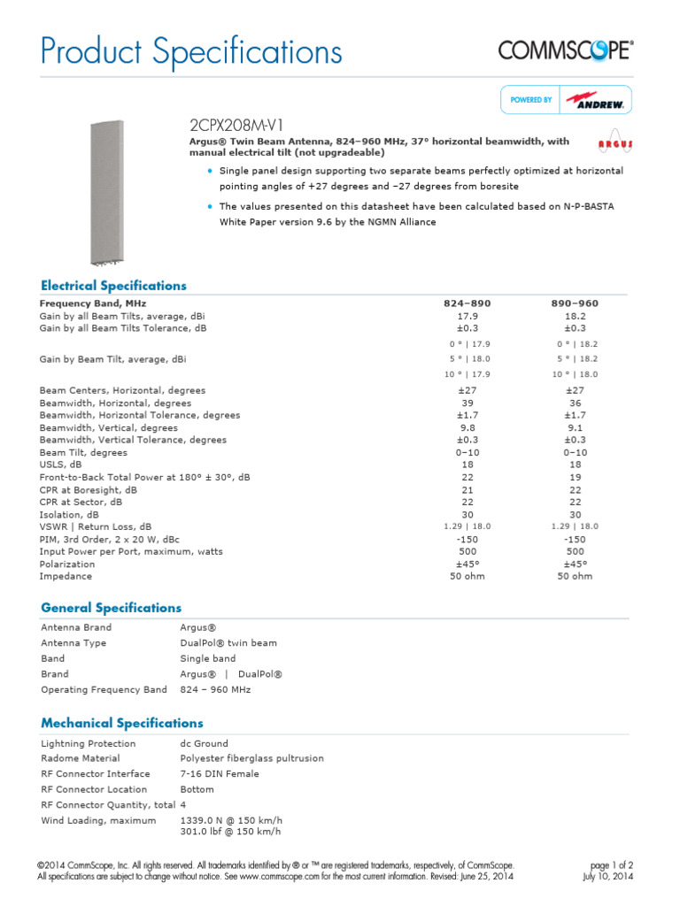Commscope 2CPX208M-V1 | PDF | Antenna (Radio) | Electronic Engineering