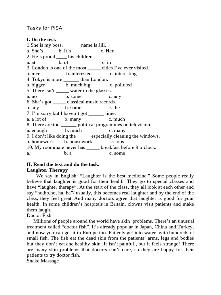 PISA Test Preparation Tasks | PDF | Massage | Spa