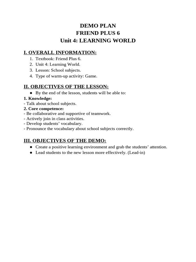 School Subjects Lesson Plan Game | PDF | Behavior Modification ...