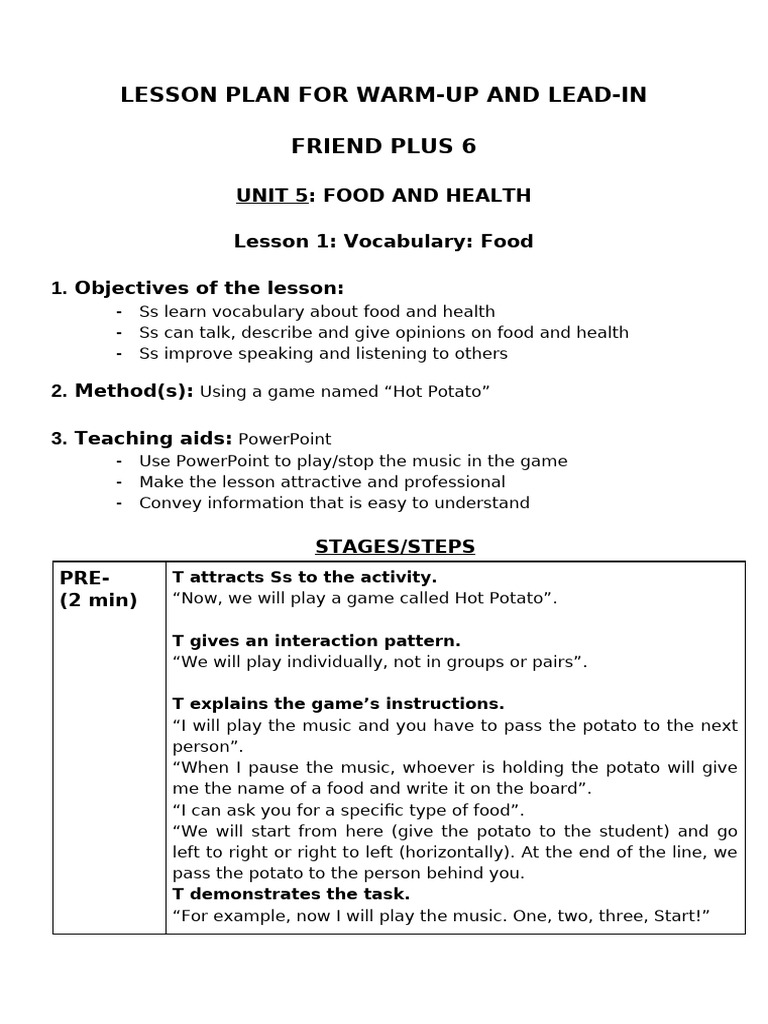 Warm-Up Lesson Plan: Food & Health | PDF | Human Communication | Learning