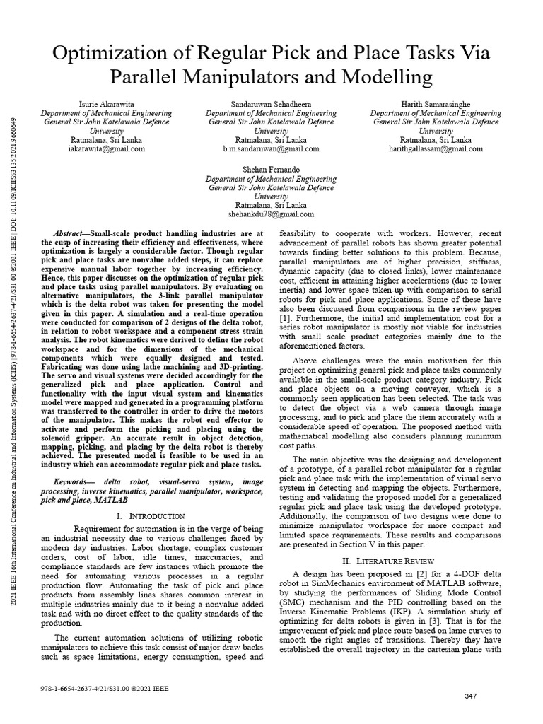 Delta Robot Optimization for Pick and Place | PDF | Robot | Robotics