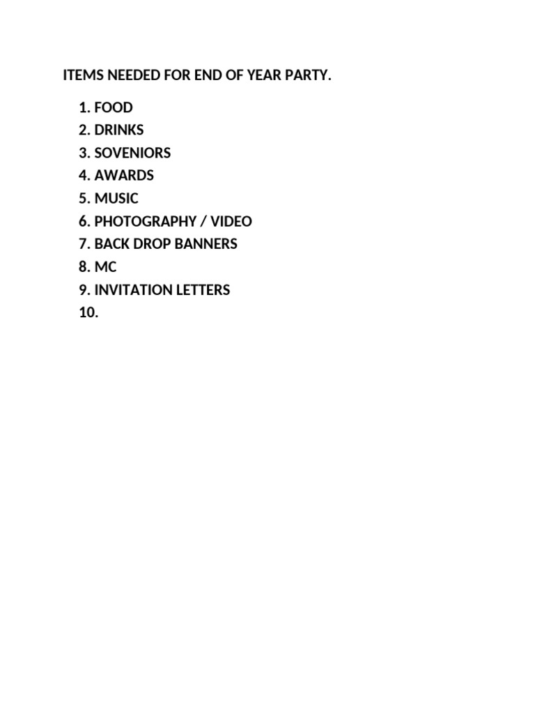 Items needed for end of year party pdf