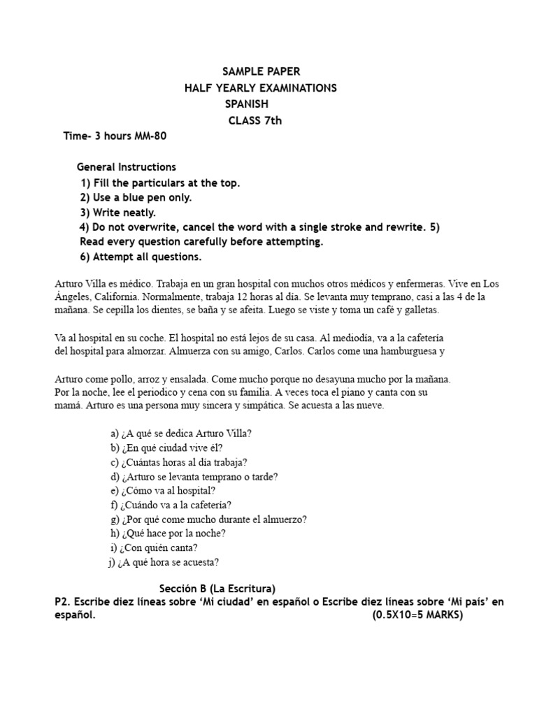 Examen de Español para Séptimo Grado | PDF | Almuerzo | Cocina