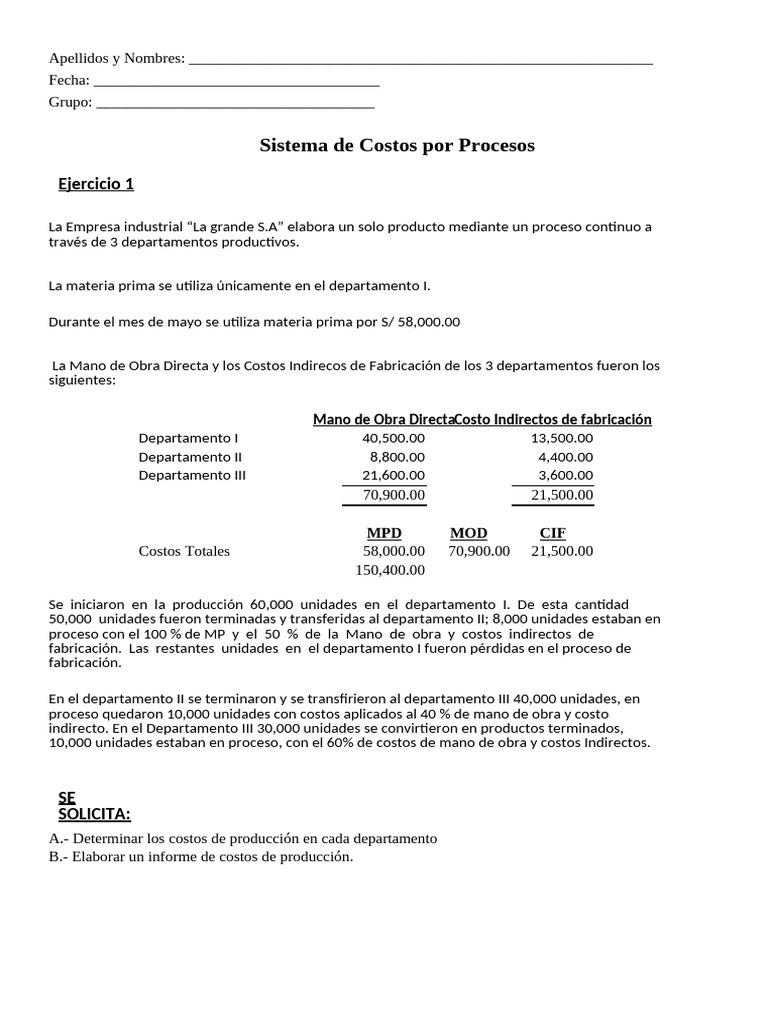 Informe de Costos por Procesos en Producción | PDF | Producción y ...