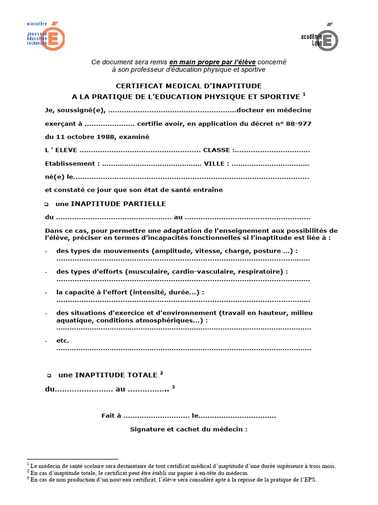 Certificat médical d'inaptitude EPS | PDF | Médecin | Éducation physique