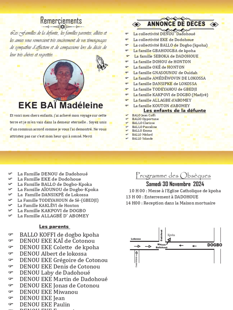 Programme des Obsèques de Madéleine EKE | PDF | Arts du langage et ...