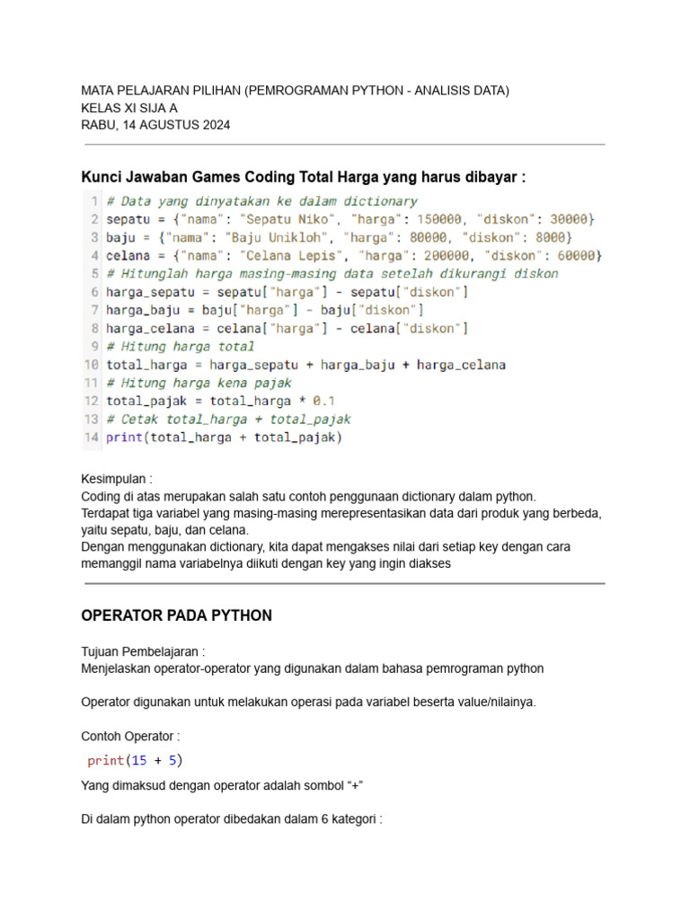 Panduan Operator Python untuk Kelas XI | PDF