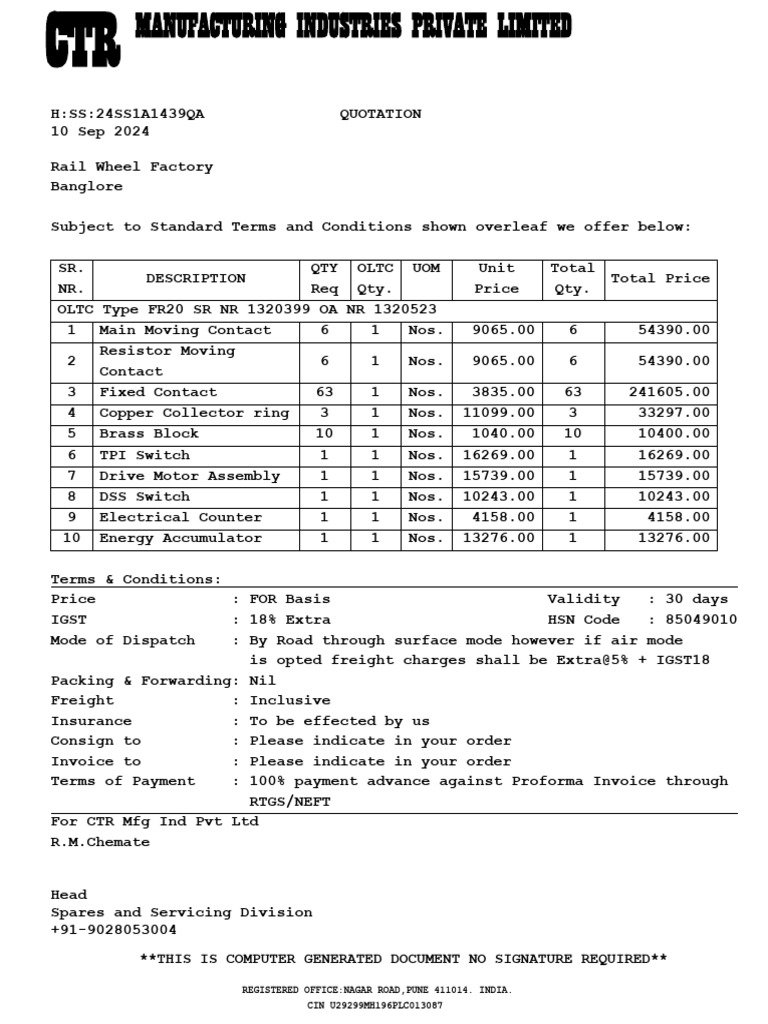 OLTC Spares Quotation for Rail Wheel Factory | PDF | Electrical ...