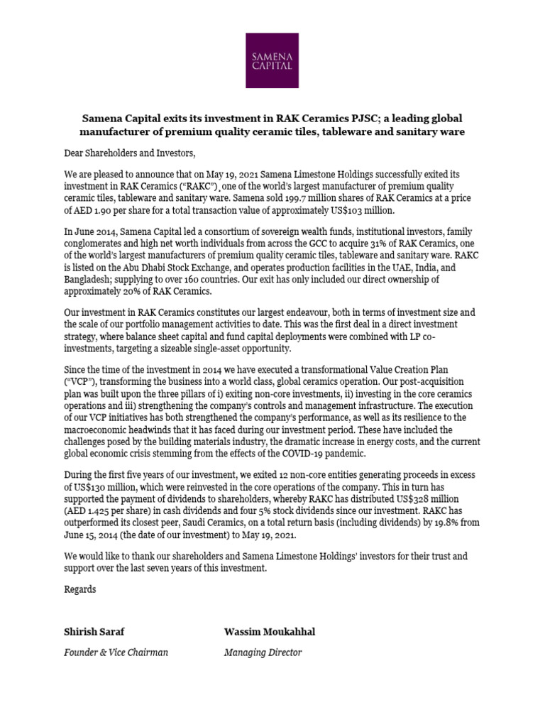 Shareholder Update: RAK Ceramics Exit | PDF | Investing | Dividend