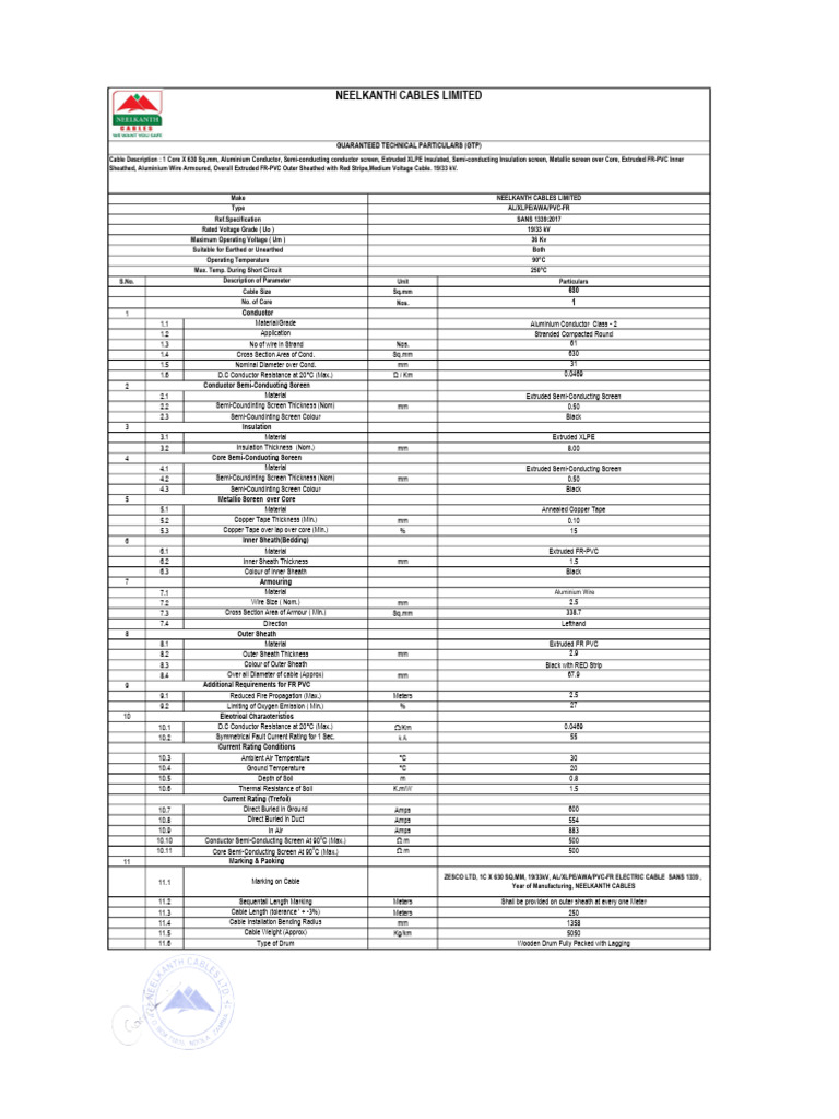 19/33 kV 1C x 630 mm Cable Specifications | PDF | Electrical Conductor ...