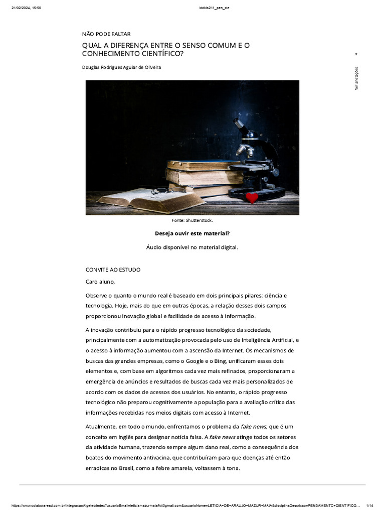 Diferença entre Senso Comum e Ciência | PDF | Science | Conhecimento