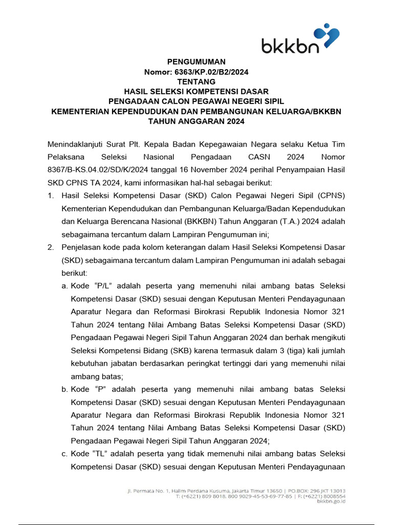 Pengumuman hasil skd pengadaan cpns kementerian kependudukan dan