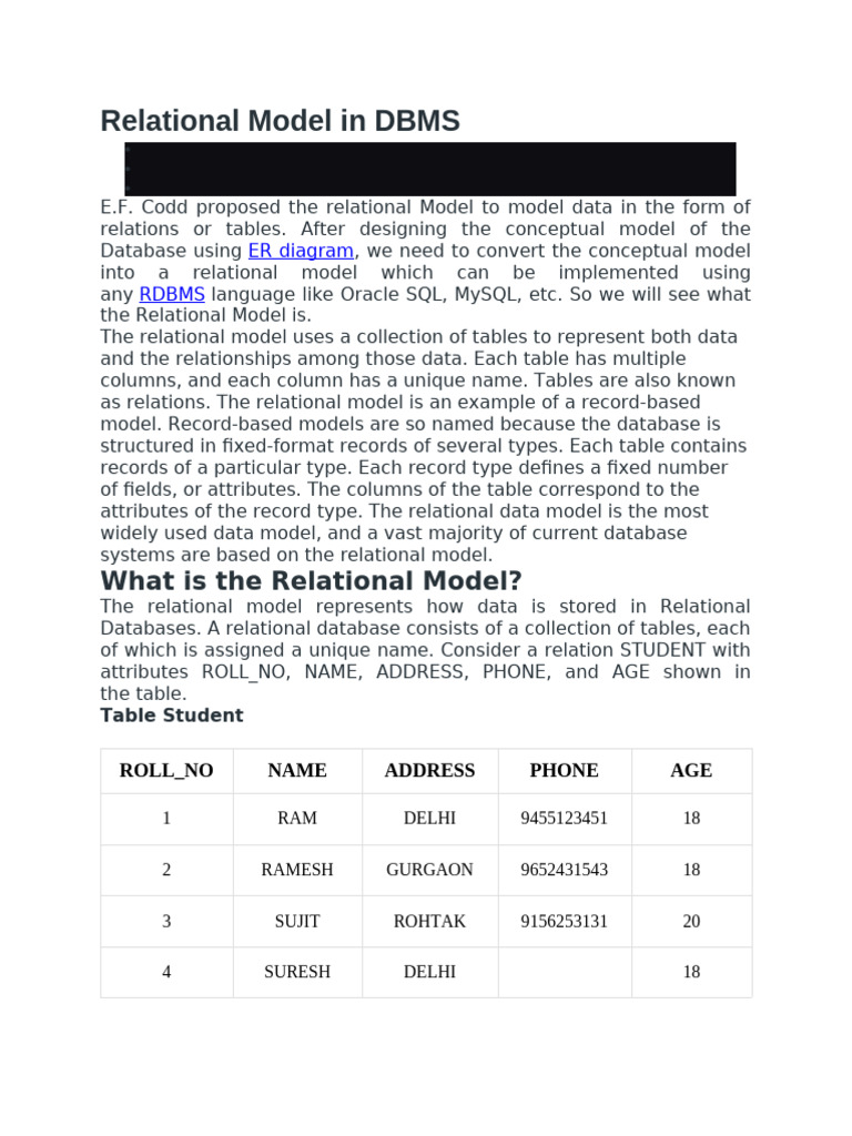 Relational Model in DBMS | PDF | Relational Database | Relational Model