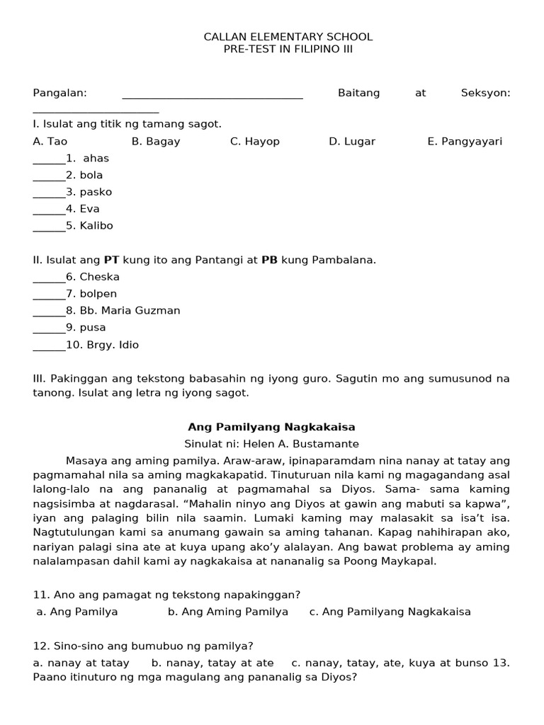 Pre-Test - Filipino 3 | PDF