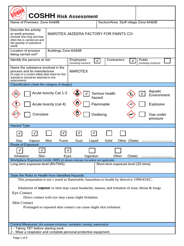 COSHH Risk Assessment for MAROTEX | PDF | Toxicity | Personal ...
