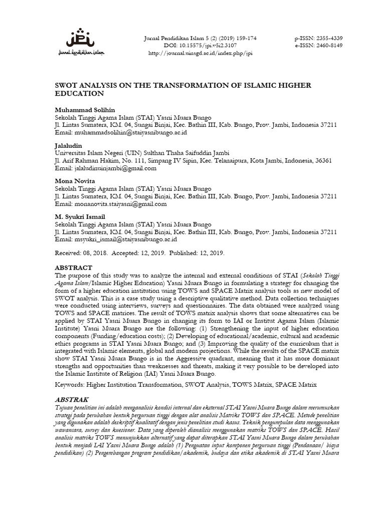 SWOT Analysis of Islamic Higher Education | PDF | Swot Analysis ...