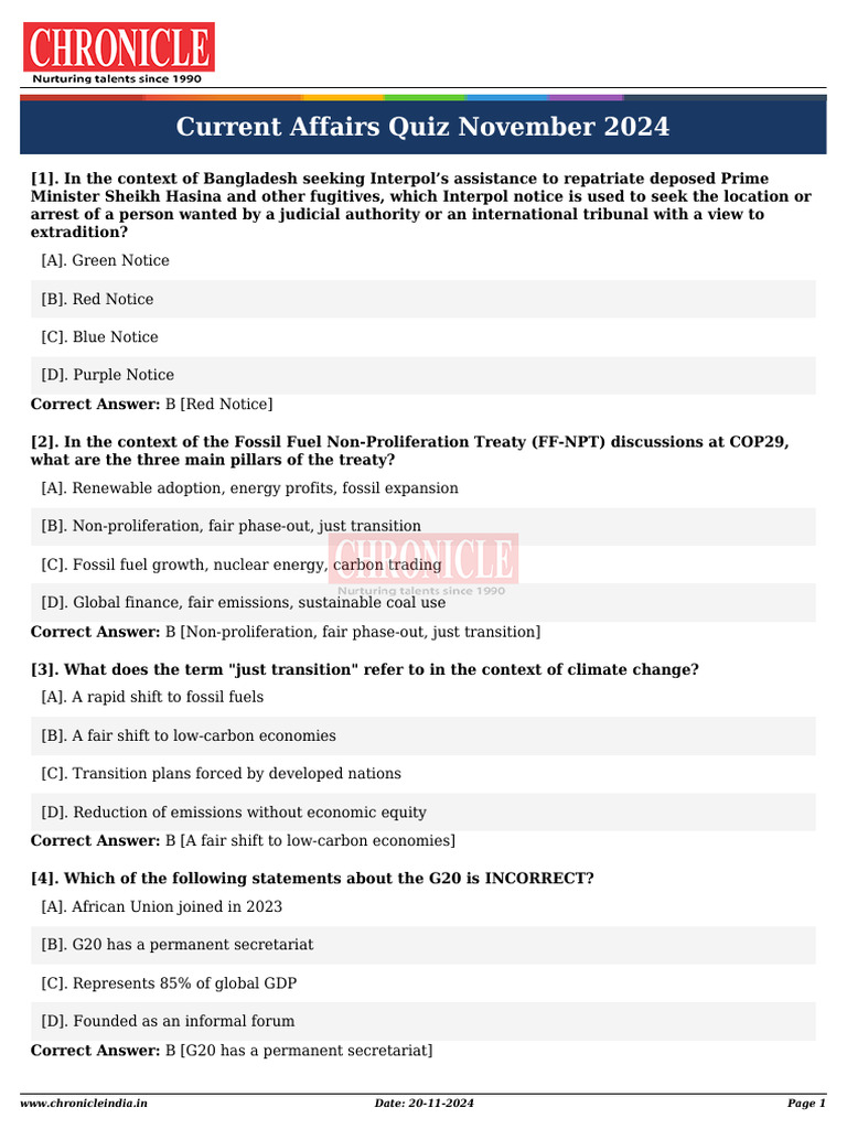 November 2024 Current Affairs Quiz | PDF | Low Carbon Economy