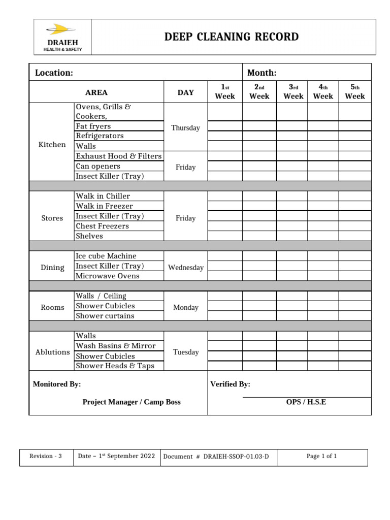 Deep Cleaning Record for Health & Safety | PDF