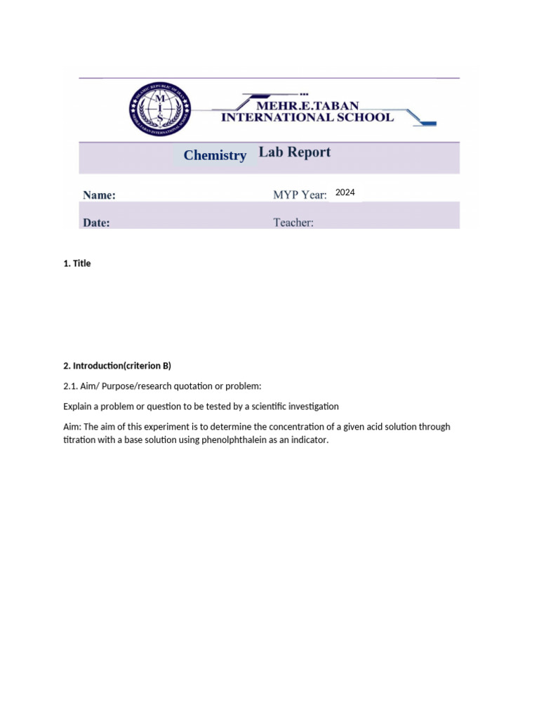 Lab Report Template2024 | PDF | Titration | Chemistry