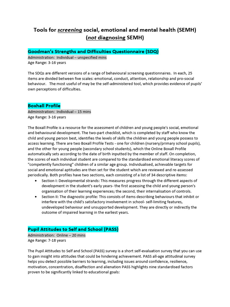 SEMH Screening Tools for Educators | PDF | Psychological Resilience ...