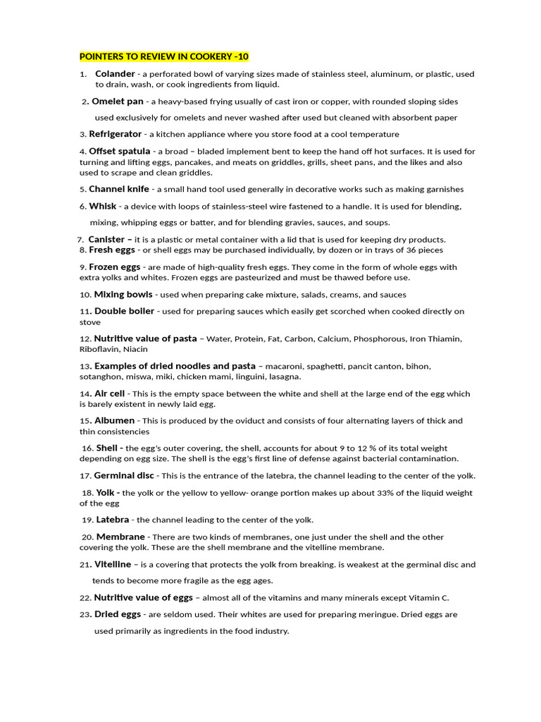 Pointers To Review in Cookery 10 | PDF | Pasta | Yolk