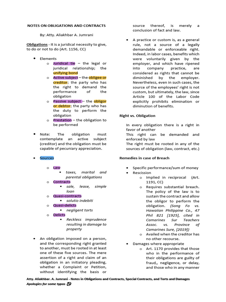 Atty. Jumrani - Notes On Oblicon and Special Contracts | PDF | Legal ...