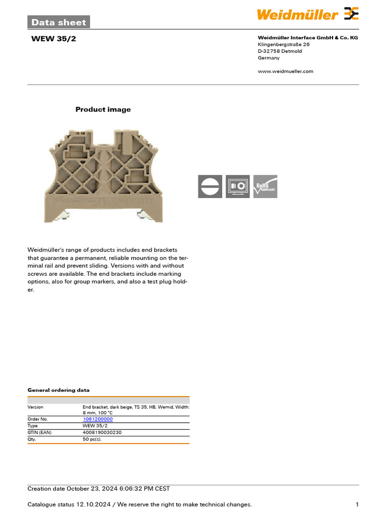 WEW 35/2 End Bracket Data Sheet | PDF