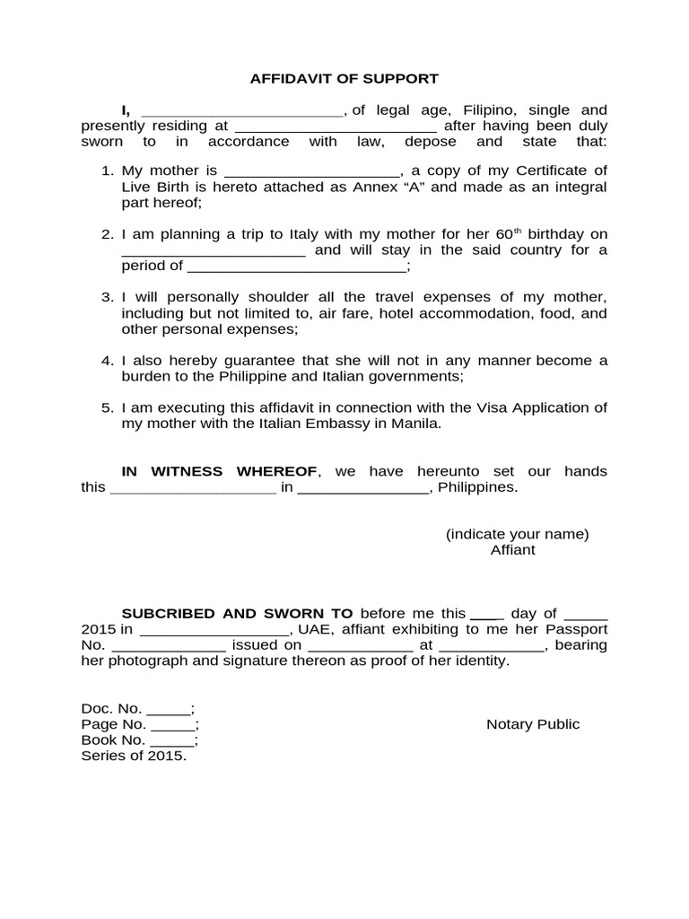 Affidavit of Support for Visa Application | PDF