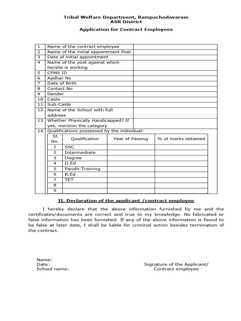 Contract Employee Application Form | PDF