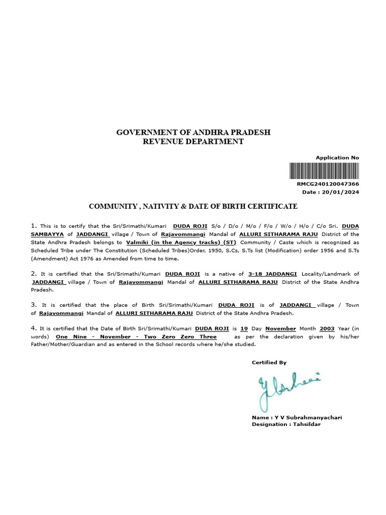 Community and Nativity Certificate AP | PDF