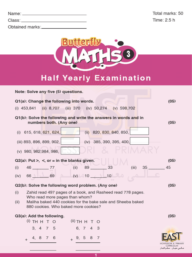 Class 3 Half Yearly Maths Paper | PDF