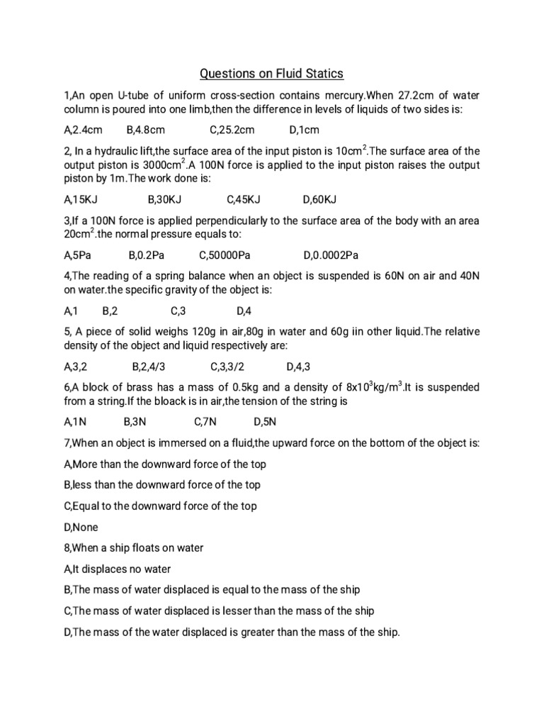 Fluid Statics Practice Questions | PDF