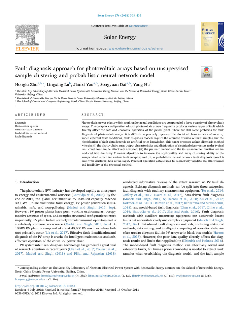 Fault Diagnosis Approach For Photovoltaic Arrays Based On Unsupervised ...
