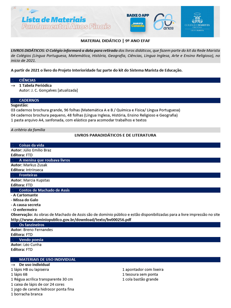 Materiais Escolares 2021 EFAF 9o Ano | PDF