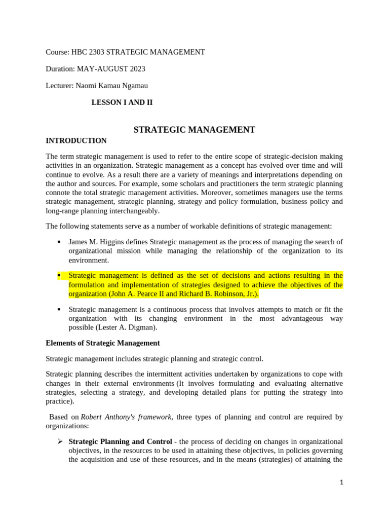 SM Notes Part 1 | PDF | Strategic Management | Goal