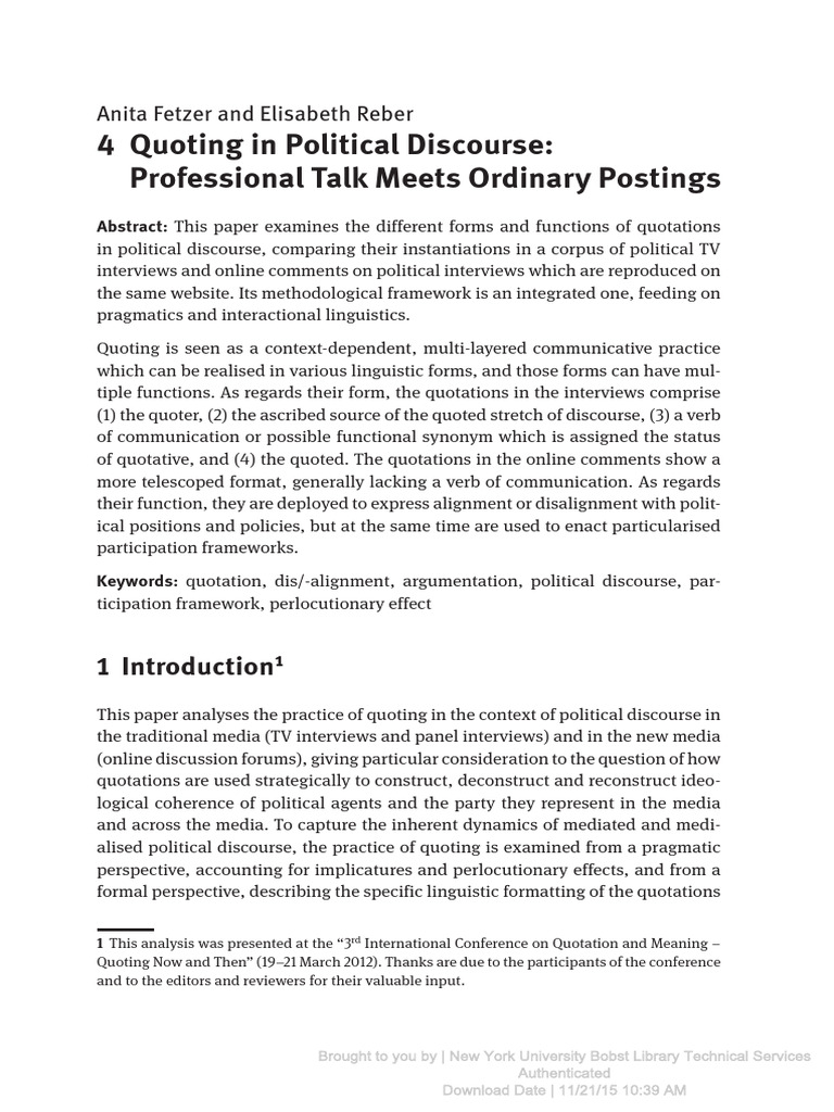 4 Quoting in Political Discourse Professional Talk Meets Ordinar | PDF ...