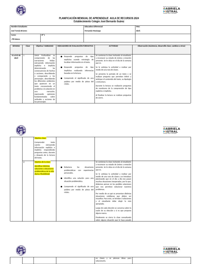 Planificación Aprendizaje Tomás Briones | PDF | Salón de clases ...