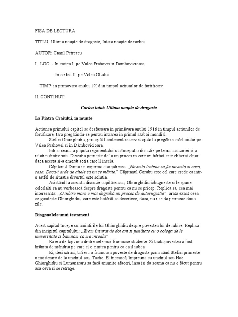 Fisa De Lectura Ultima Noapte De Dragoste Intaia Noapte De Razboi