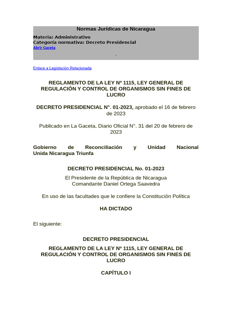 Reglamento Ley 1115 OSFL Nicaragua | PDF | Regulación | Multa (pena)