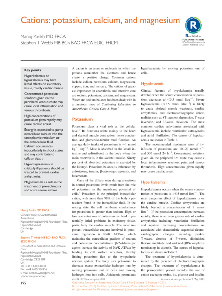 Key Roles of Potassium in Anesthesia | PDF | Magnesium | Potassium