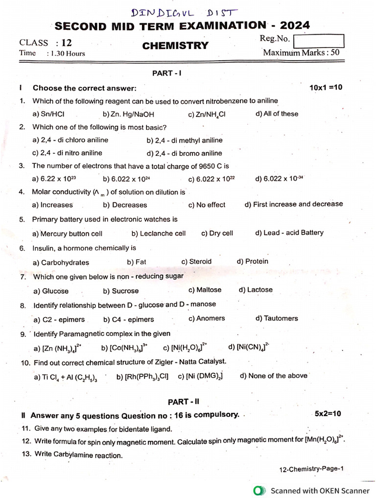 12th STD Chemistry Second Midterm 2024 EM | PDF