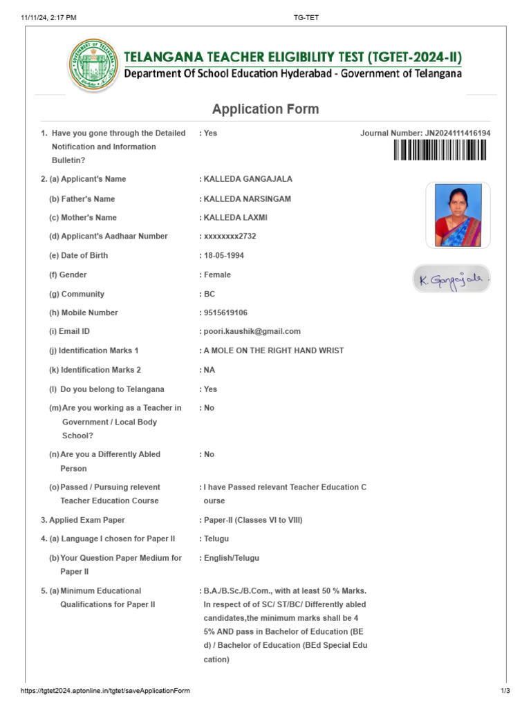 TGTET 202425 Application Form Jala PDF